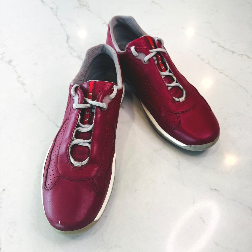 Prada Americas Cup Men 12 Red Leather Sneaker Low Top Trainers Athleisure Sporty - Picture 1 of 14
